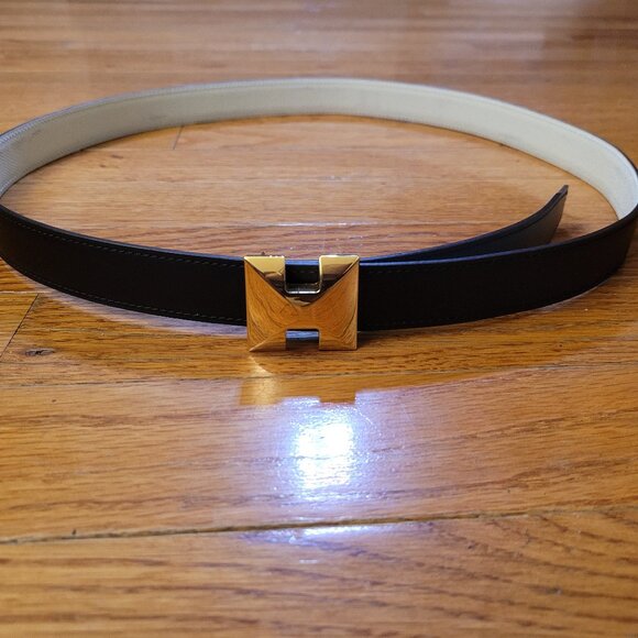 Hermes "H Buckle" Reversible Black/White Leather Belt - Picture 1 of 3